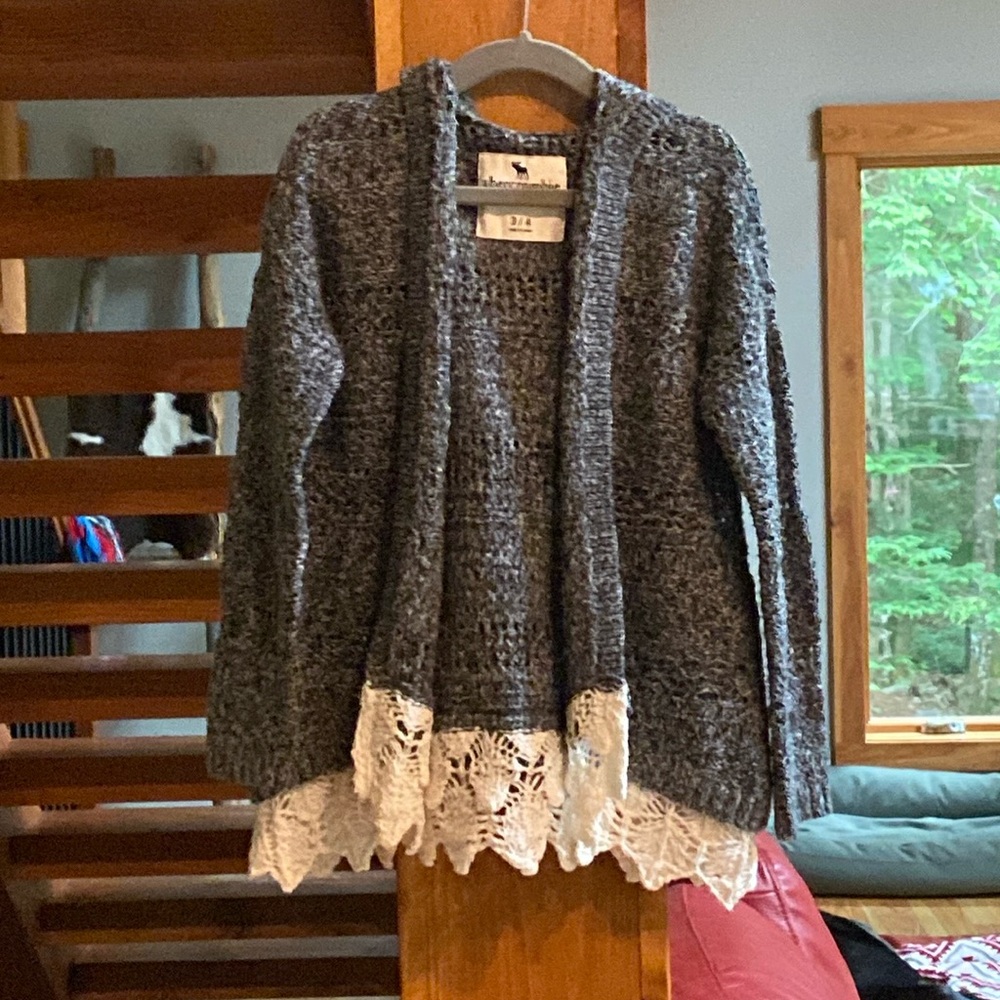 A&F kids hooded knit cardigan with lace trim size 3/4